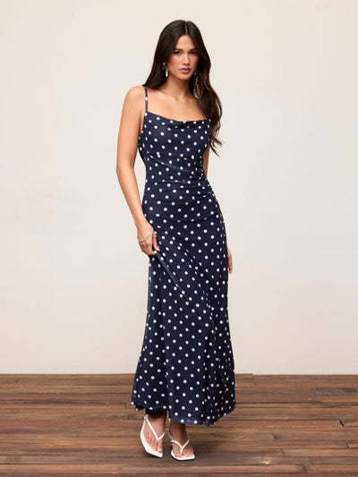 Mesh Polka Dot Lace Panel High Rise Mermaid Maxi Dress