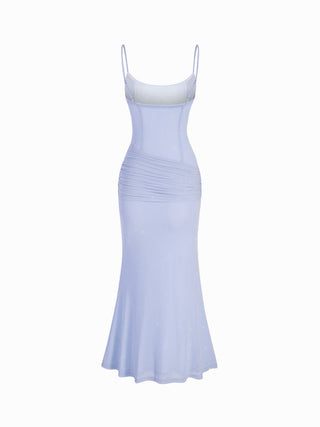 Mesh Sculptural V-neck Pleated Corset Glitter Bobycon Maxi Dress