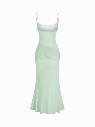 Mesh Sculptural V-neck Pleated Corset Glitter Bobycon Maxi Dress