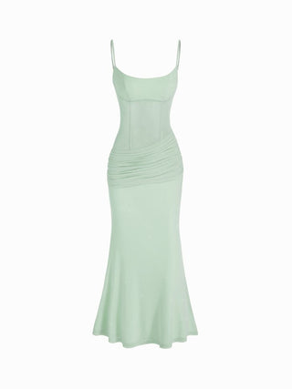 Mesh Sculptural V-neck Pleated Corset Glitter Bobycon Maxi Dress