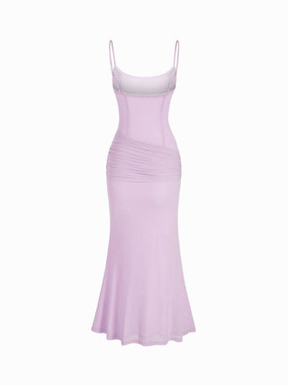 Mesh Sculptural V-neck Pleated Corset Glitter Bobycon Maxi Dress