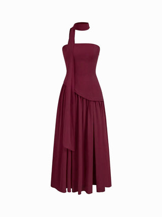 Chiffon Sculptural Halter Neckline Lace Up Maxi Bobycon Dress With Scarf