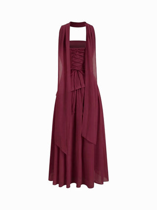 Chiffon Sculptural Halter Neckline Lace Up Maxi Bobycon Dress With Scarf