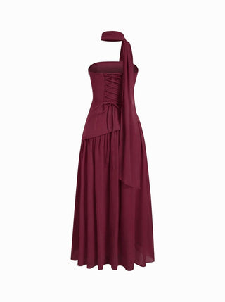 Chiffon Sculptural Halter Neckline Lace Up Maxi Bobycon Dress With Scarf