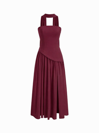 Chiffon Sculptural Halter Neckline Lace Up Maxi Bobycon Dress With Scarf