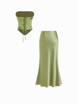 Lace Sculptural Embroidery Floral Corset Top & High Rise Mermaid Maxi Skirt Set