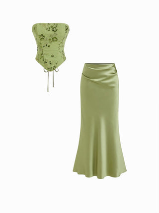 Lace Sculptural Embroidery Floral Corset Top & High Rise Mermaid Maxi Skirt Set