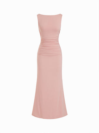 Boat Neck Ruched Pearl-Back Detail Maxi Dress