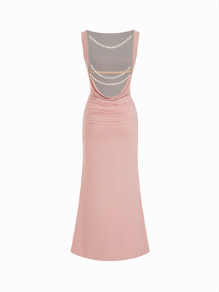 Boat Neck Ruched Pearl-Back Detail Maxi Dress