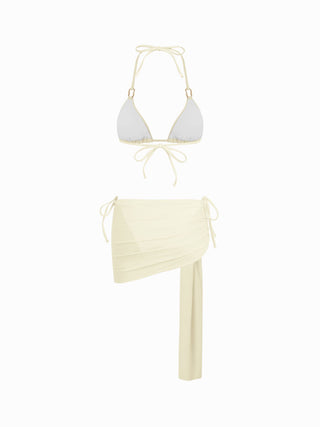 Halter Neckline Ring Linked Triangle Tie Side Bikini Set With Metal Ring Detail Sarong