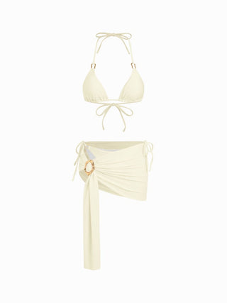 Halter Neckline Ring Linked Triangle Tie Side Bikini Set With Metal Ring Detail Sarong