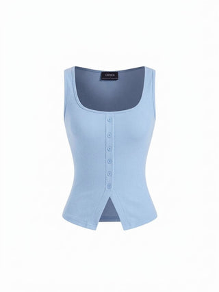Cotton Scoop Neck Button Front Asymmetrical Hem Crop Top