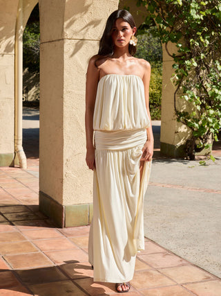 Draped Strapless Ruched Side Slit Flared Maxi Dress