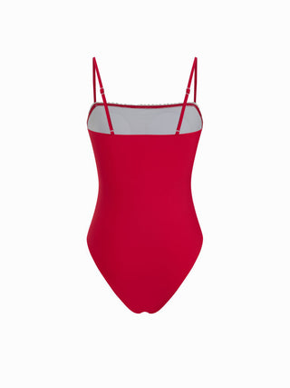Square Neck Lace Trim Bowknot One Piece Swimsuit