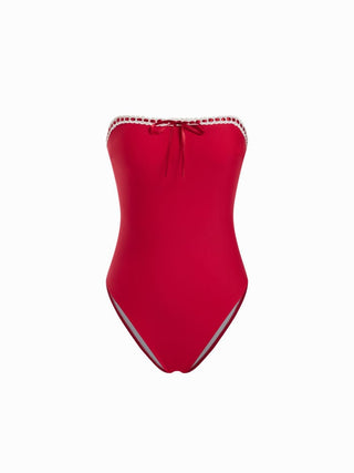 Square Neck Lace Trim Bowknot One Piece Swimsuit