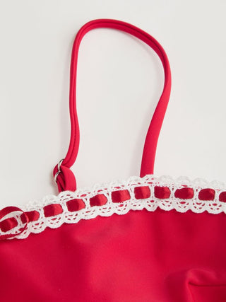 Square Neck Lace Trim Bowknot One Piece Swimsuit