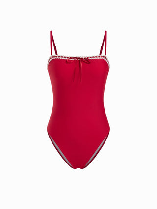 Square Neck Lace Trim Bowknot One Piece Swimsuit