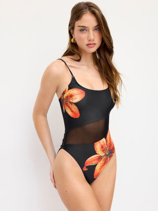Floral High Stretch Square Neck Mesh Panel One Piece Swimsuit