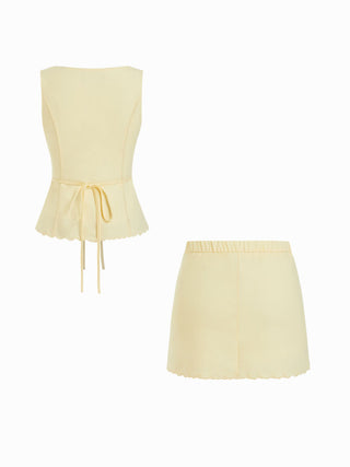 Linen-blend Sleeveless Curved Hem knotted Top & A-line Mini Skirt Set