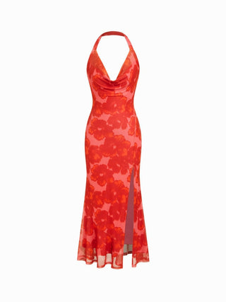 Floral Mesh Halter Neck Asymmetrical Split Mermaid Maxi Dress