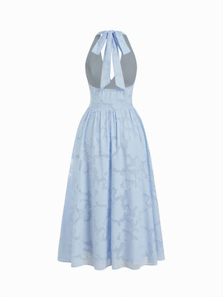 Jacquard Floral Halter Neckline Backless Flared Maxi Dress