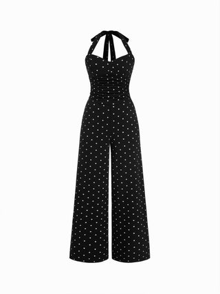 High Stretch Cotton-blend V-neck Ruched Wide Leg Jumpsuit