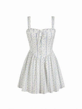 Cotton-blend Ditsy Floral Square Neck Ruffled Flared Mini Dress
