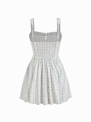 Cotton-blend Ditsy Floral Square Neck Ruffled Flared Mini Dress