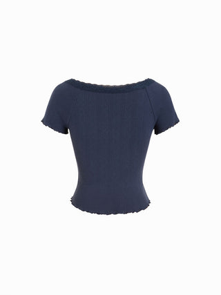 Cotton Textured V-neck Ruched Lace Lettuce Trim Short Sleeve Tee