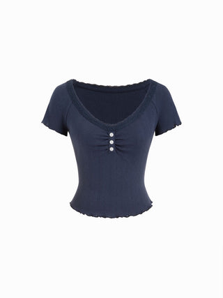 Cotton Textured V-neck Ruched Lace Lettuce Trim Short Sleeve Tee