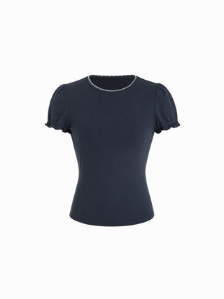 Cotton-blend Contrast Stitch Ruched Puff Sleeve Tee