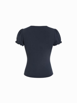 Cotton-blend Contrast Stitch Ruched Puff Sleeve Tee
