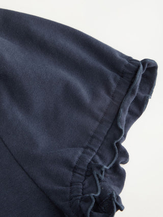 Cotton-blend Contrast Stitch Ruched Puff Sleeve Tee