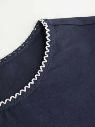 Cotton-blend Contrast Stitch Ruched Puff Sleeve Tee