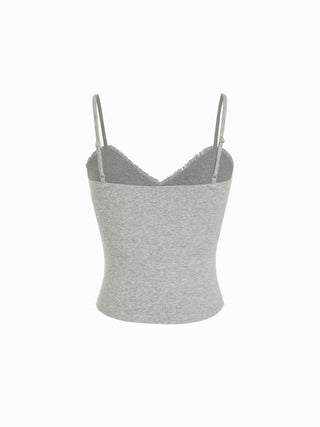 Cotton-blend V-neck Lace Trim Ruched Bowknot Cami Top