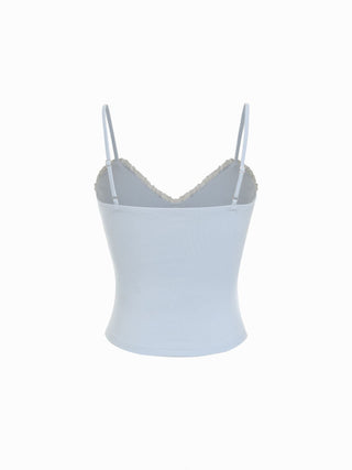 Cotton-blend V-neck Lace Trim Ruched Bowknot Cami Top