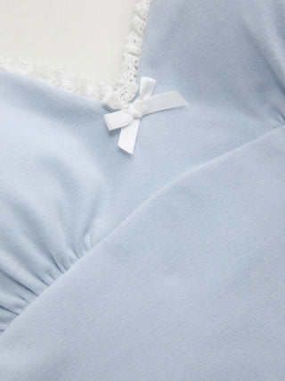 Cotton-blend V-neck Lace Trim Ruched Bowknot Cami Top