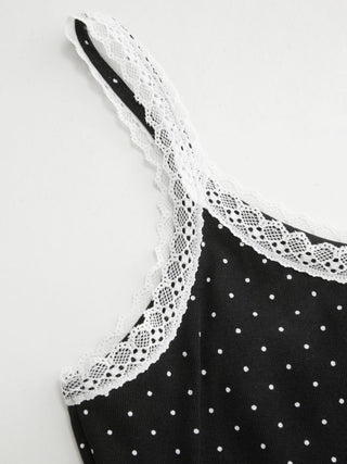 Cotton-blend Polka Dot Scoop Neckline Lace Trim Cami Top