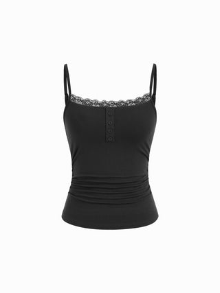 Lace Panel Ruched Henley Cami Top