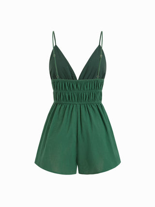 Cotton V-neck Mid Rise Ruched Drawstring Romper