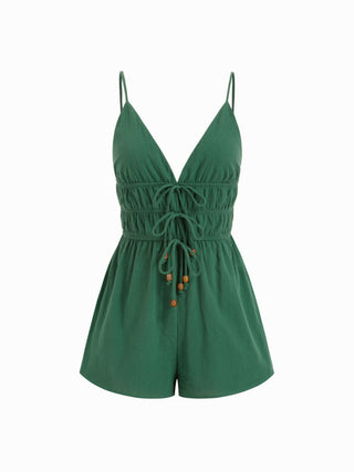 Cotton V-neck Mid Rise Ruched Drawstring Romper