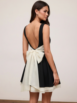 Knit Fabric Colorblock Boat Neck High Rise Bowknot Flared Mini Dress For Daily Casual Date