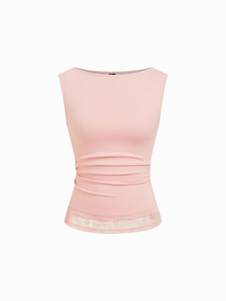 High Stretch Boat Neck Lace Panel Crop Top