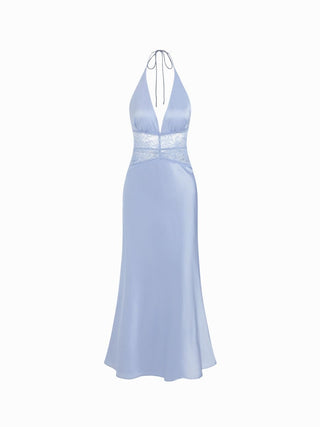 Satin Polka Dot V-neck Lace Panel Mermaid Maxi Dress