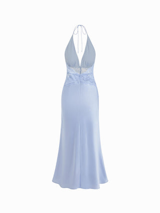 Satin Polka Dot V-neck Lace Panel Mermaid Maxi Dress