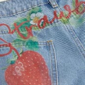 Washed Denim Mid Rise Strawberry Graphic Wide Leg Bermuda Shorts