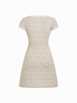 Ditsy Floral V-neck Lace Trim High Rise A-line Mini Dress