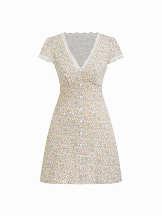 Ditsy Floral V-neck Lace Trim High Rise A-line Mini Dress
