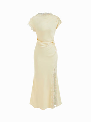 Satin Lace Trim Split Mermaid Maxi Dress
