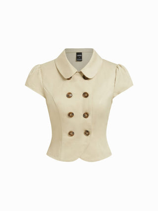 Cotton-blend Peter Pan Collar Puff Sleeve Metal Detail Double Breasted Blouse